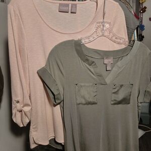 2 Chico's Sz 0 Women’s Tops Olive Green V-Neck & Salmon 3/4 Sleeve Boatneck